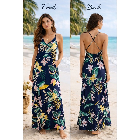 Unbranded Dresses & Skirts - Tropical Floral Maxi Dress Womens Blue Vacation Beachy Summer Strappy Sleeveless